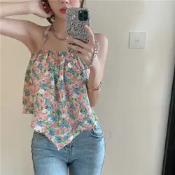 Summer Sexy Floral Multicolor Sling Sleeveless Camis Women Clothing Lolita Sweet Irregular Lacing Slim Thin Camisole All-match