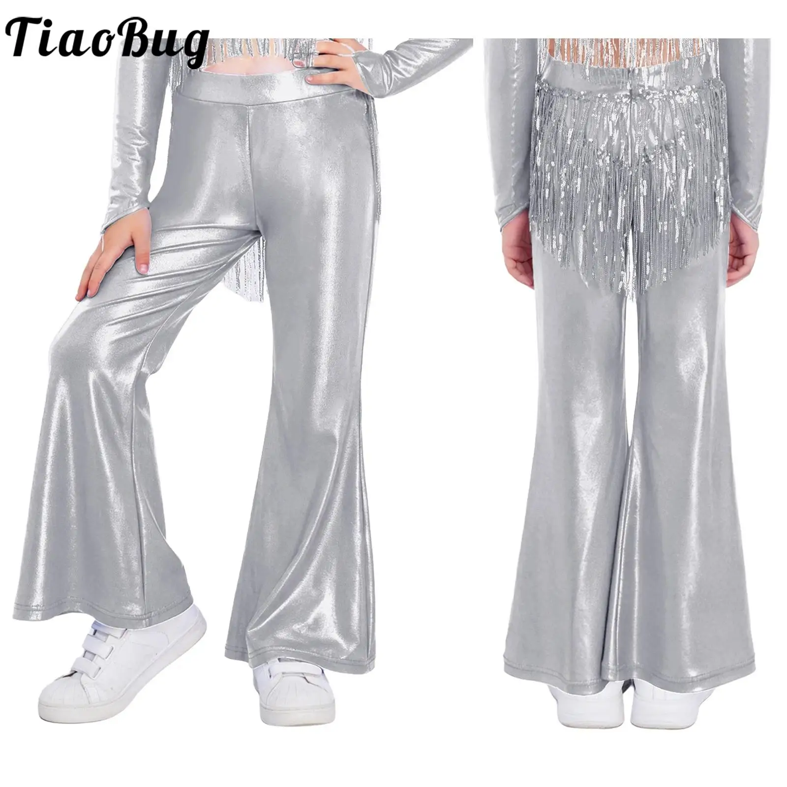 

Kids Girls Performance 70s Disco Metallic Flared Pants Jazz Tango Latin Modern Dance Sparkly Sequin Tassels Bell-Bottom Trousers