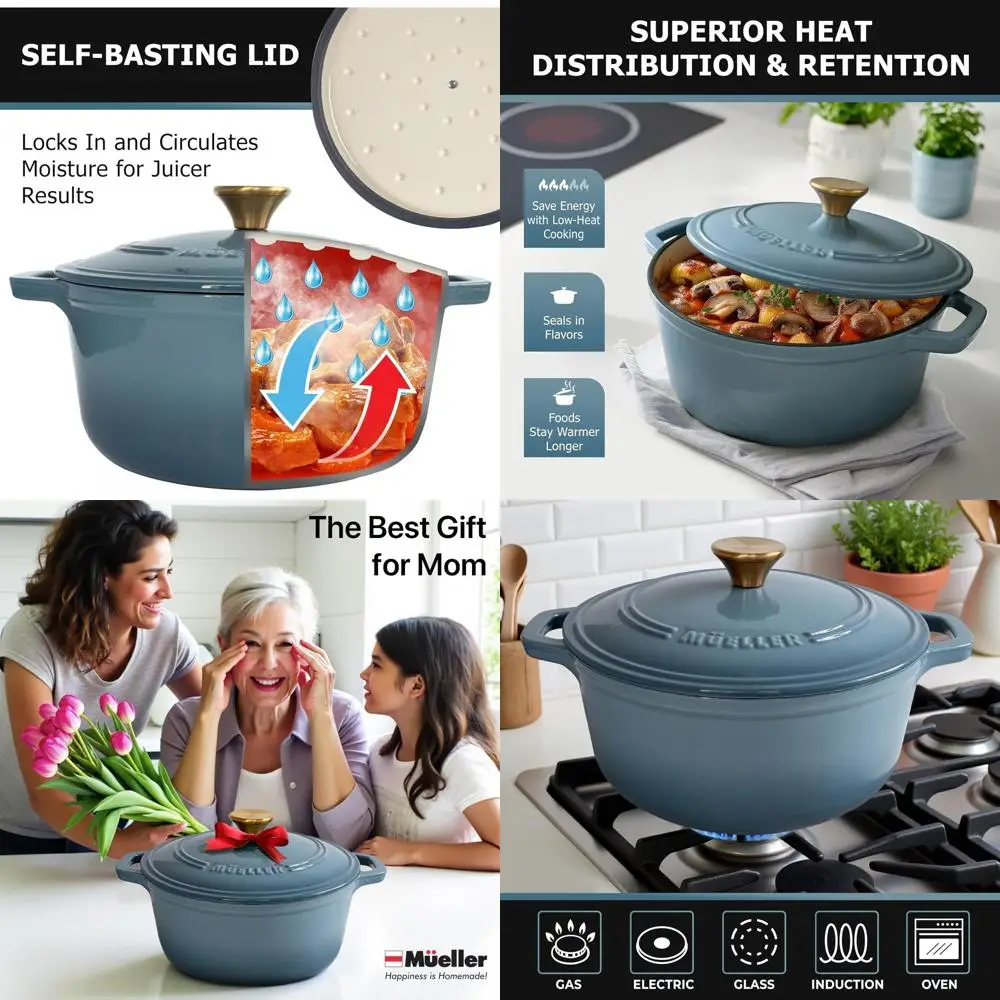 

Эмалированная чугунная голландская духовка, 7,5 литра, сверхмощная, безопасная в духовке до 500 ° F, все варочные панели, сковорода для хлеба с крышкой и ручкой, синий набор