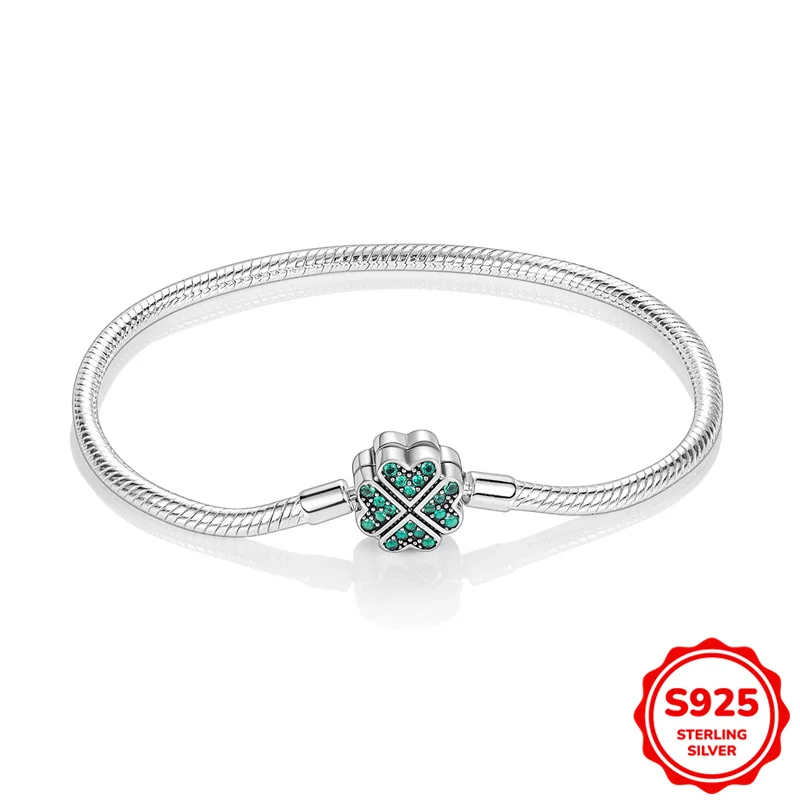 

Original Bracelet 925 Sterling Silver 17-20CM Four-Leaf Clover Green Zirconium Bracelet Fit Charms Beads Fashion Women Jewelry