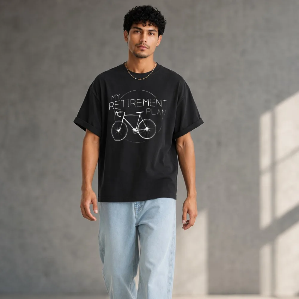 Mens My Retirement Plan Bicycle Print T-Shirt Vintage Simple Bike Line Art Cotton Fit Casual Daily Wear Cycling Lover Street Tee