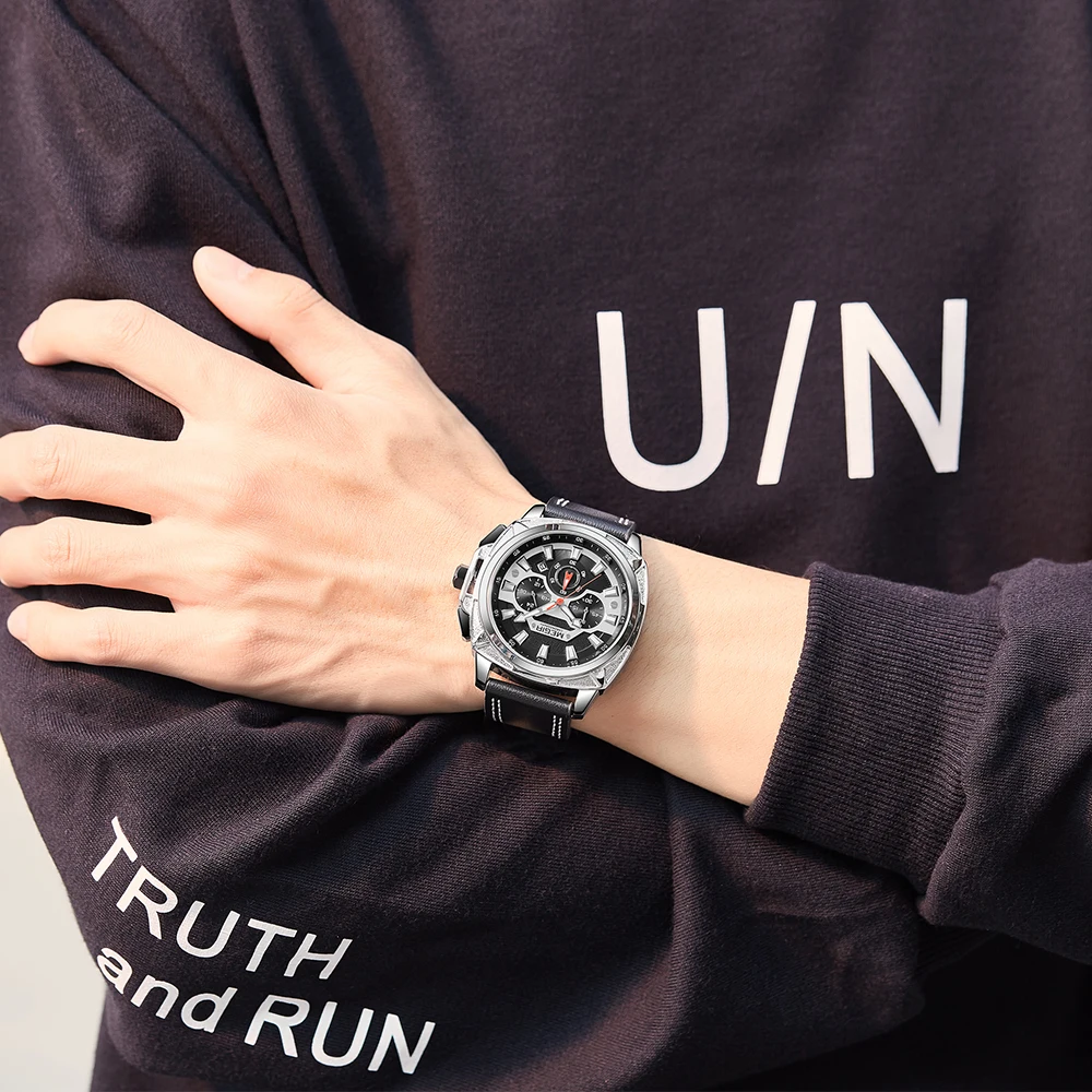 MEGIR Men Sport Watches 46MM Big Dial Chronograph Clock Luxury Quartz Casual Wristwatch Waterproof with Auto Date Relogio +Box