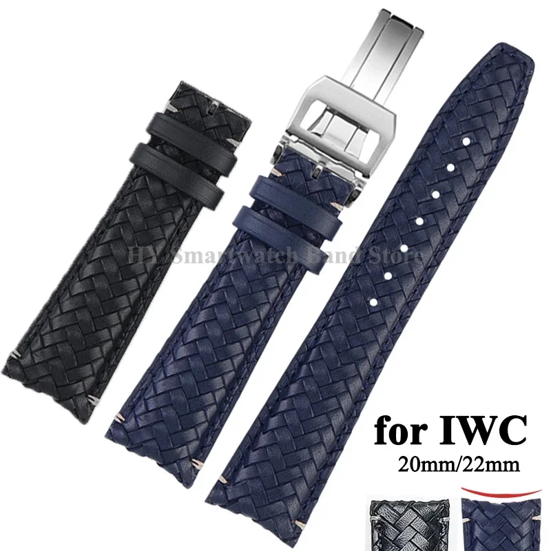 20mm 22mm Leather Watch Strap for IWC Pilot Series 371614/503312 Curved End Flat Wrist Band Metal Folding Clasp Braided Bracelet