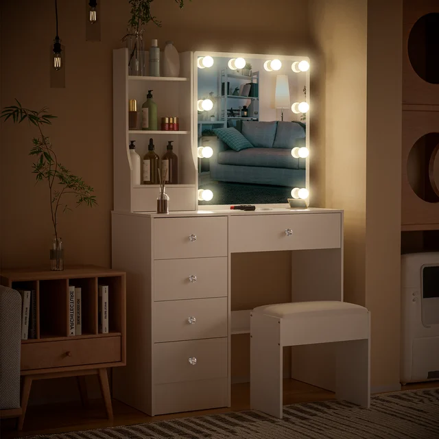 Teousev White LED Makeup Vanity Set with Sliding Mirror, 3-Color Dimmable Lights, 6 Drawers & Stool, Modern Dressing Table 4 Teousev White LED Makeup Vanity Set with Sliding Mirror, 3-Color Dimmable Lights, 6 Drawers & Stool, Modern Dressing Table 4