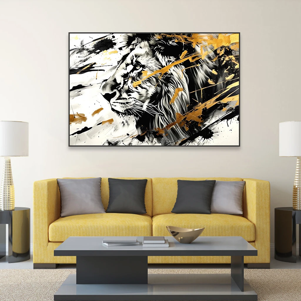 Large Wild Animal Golden Art Poster Lion Abstract Wall Art Prints Lion Head Motivational Canvas Painting Room Office Art Decor