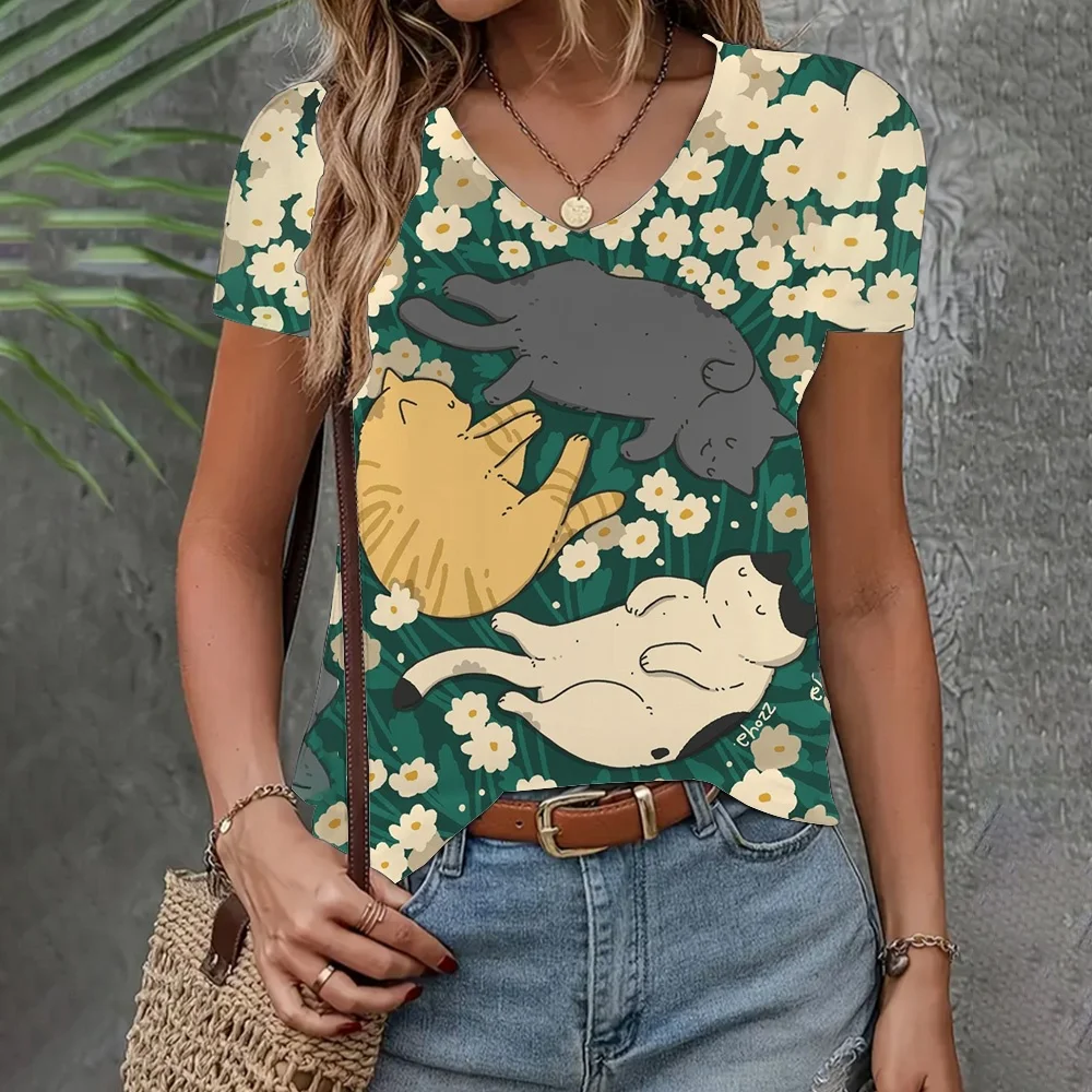 المرأة تي شيرت برقبة على شكل v ثلاثية الأبعاد طباعة قمة الموضة Y2k الشارع الشهير الصيف قصيرة الأكمام المرأة المتضخم التي شيرت Y2K تي شيرت المرأة