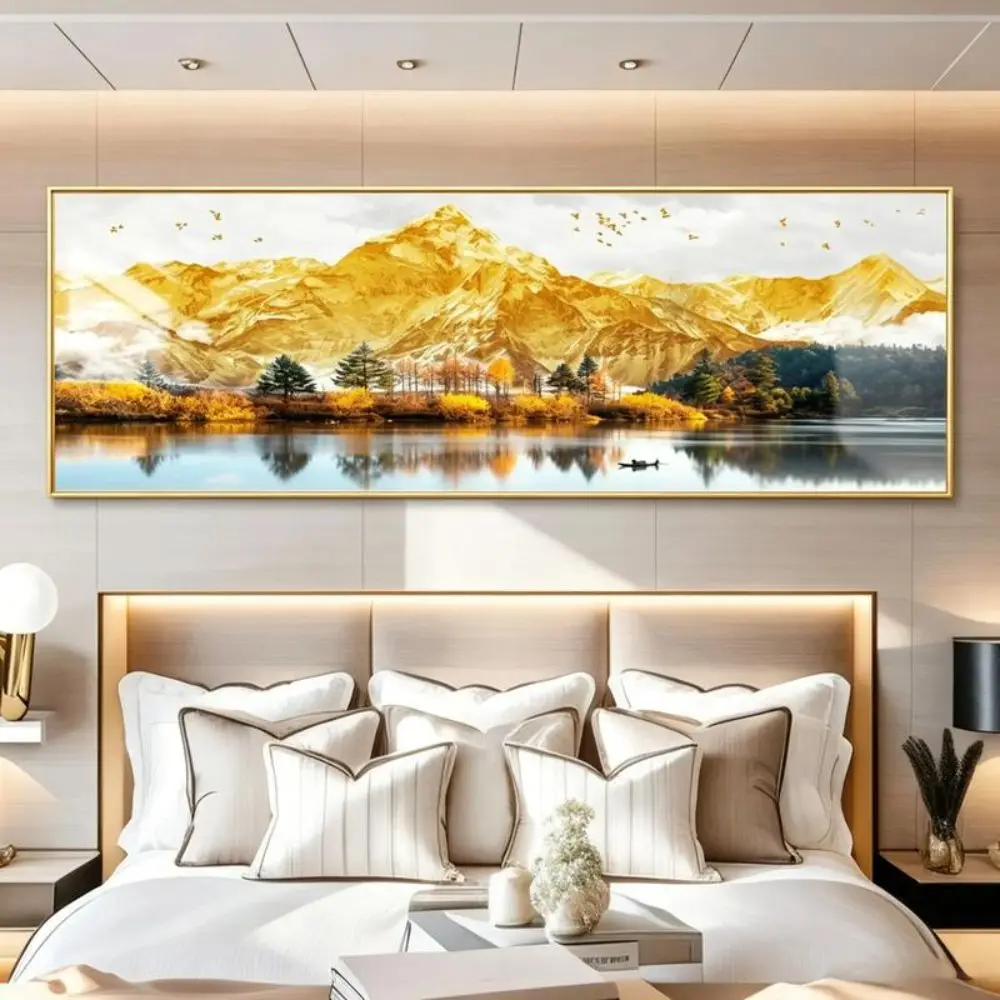 Mountain Landscape Bedroom Wall Stickers Golden Sunrise Long Horizontal Format Landscape Wall Art Modern Style