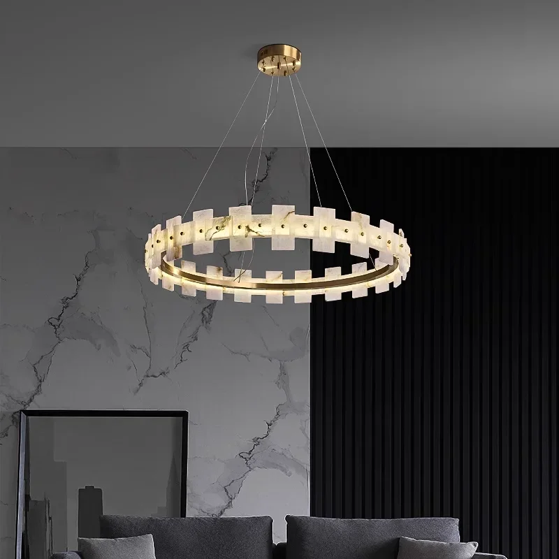 2025 New Designer Spanish Marble Round Chandelier Brass Black Bronze Adjustable Pendant Lamp Ceiling Luster Living Room