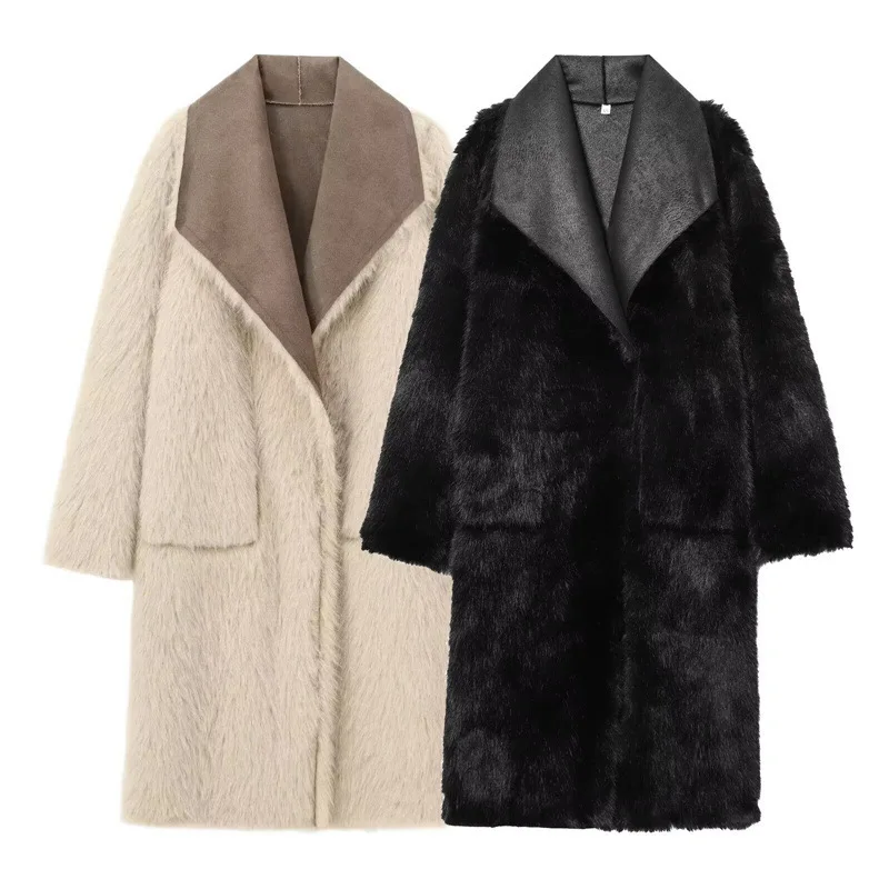 Women Reversible Long Faux Fur Coat Lapel Collar Two‑Sided Wear Warm Winter Outerwear