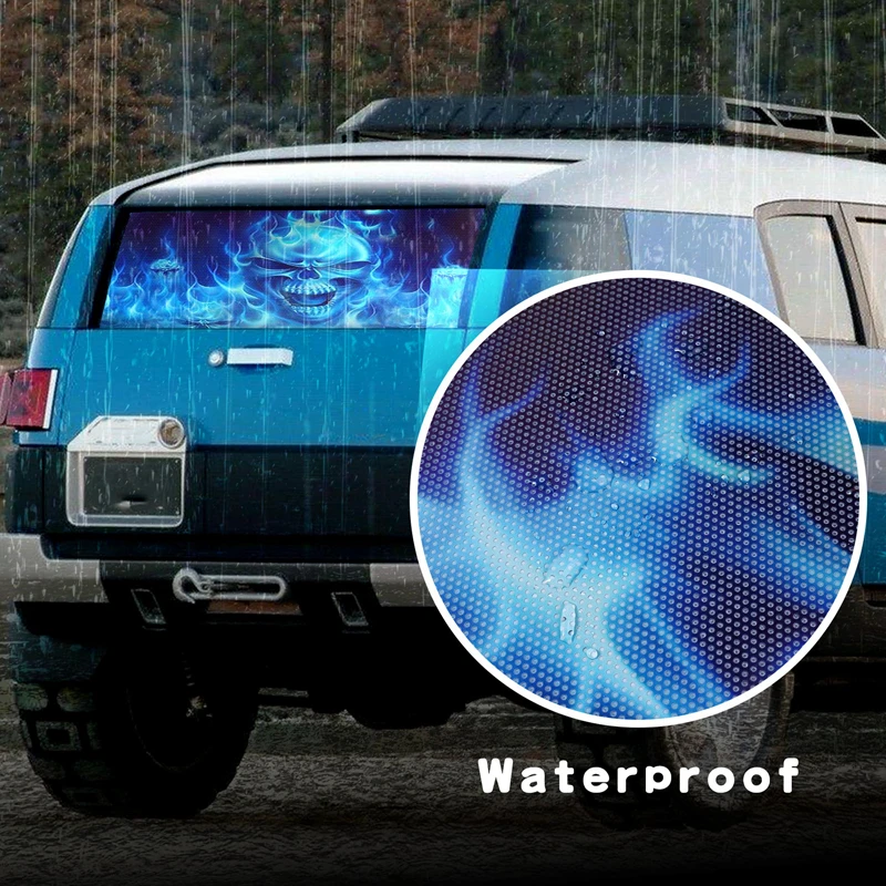 One Way Vision For Truck Suv Pickup Blue Flaming Skull 3D Naklejka na tylną szybę Naklejka Dekor Plakat na tylną szybę