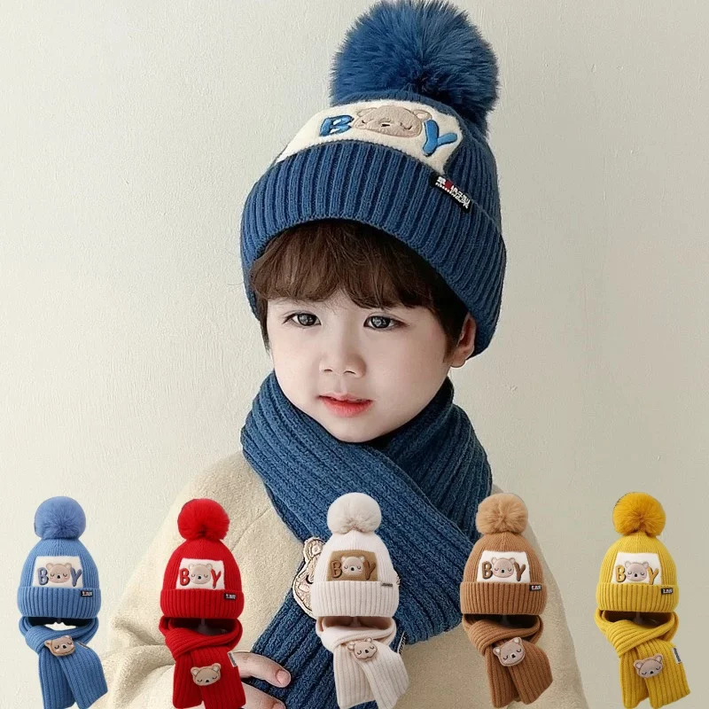 

2 шт./компл. детская шапка, шарф, милые зимние детские шапки и шапки, шерстяная вязаная теплая шапка для мальчиков и девочек, вязаная крючком шапка с мультяшным медведем, шарфы