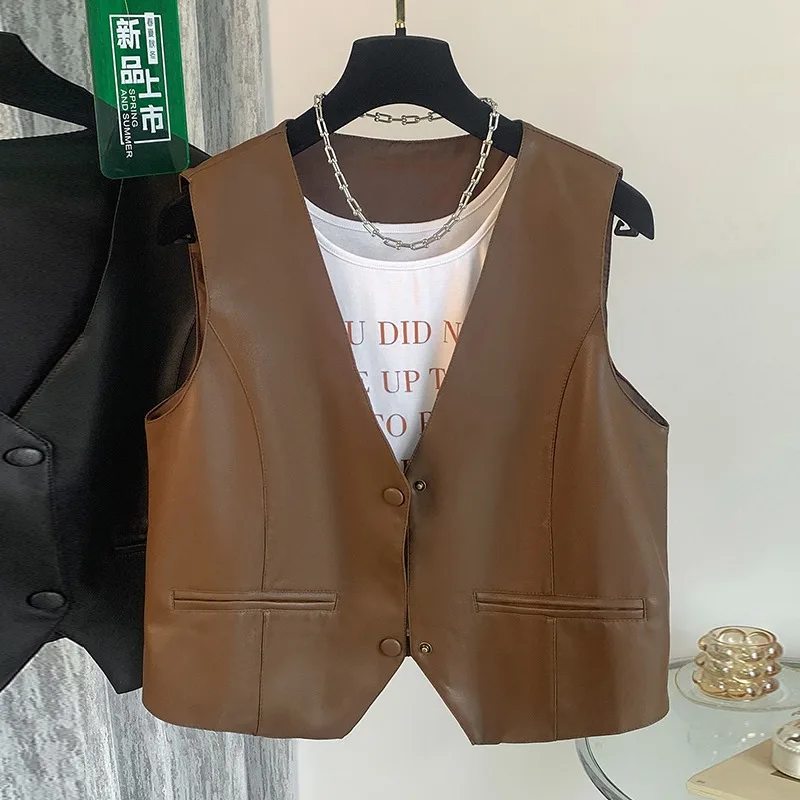 

Элегантный омолаживающий универсальный укороченный жилет из искусственной кожи без рукавов для весны и осени, модная женская одежда