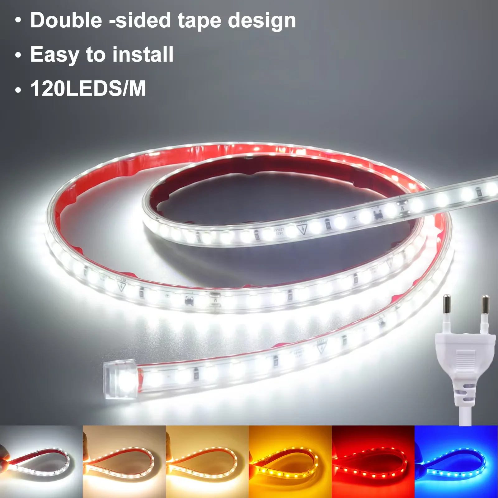 

Outdoor Waterproof LED Strip Lights 220V EU Plug UK Plug SMD2835 120LEDs/m Flexible Led Tape Warm Natural White Red Blue Yellow