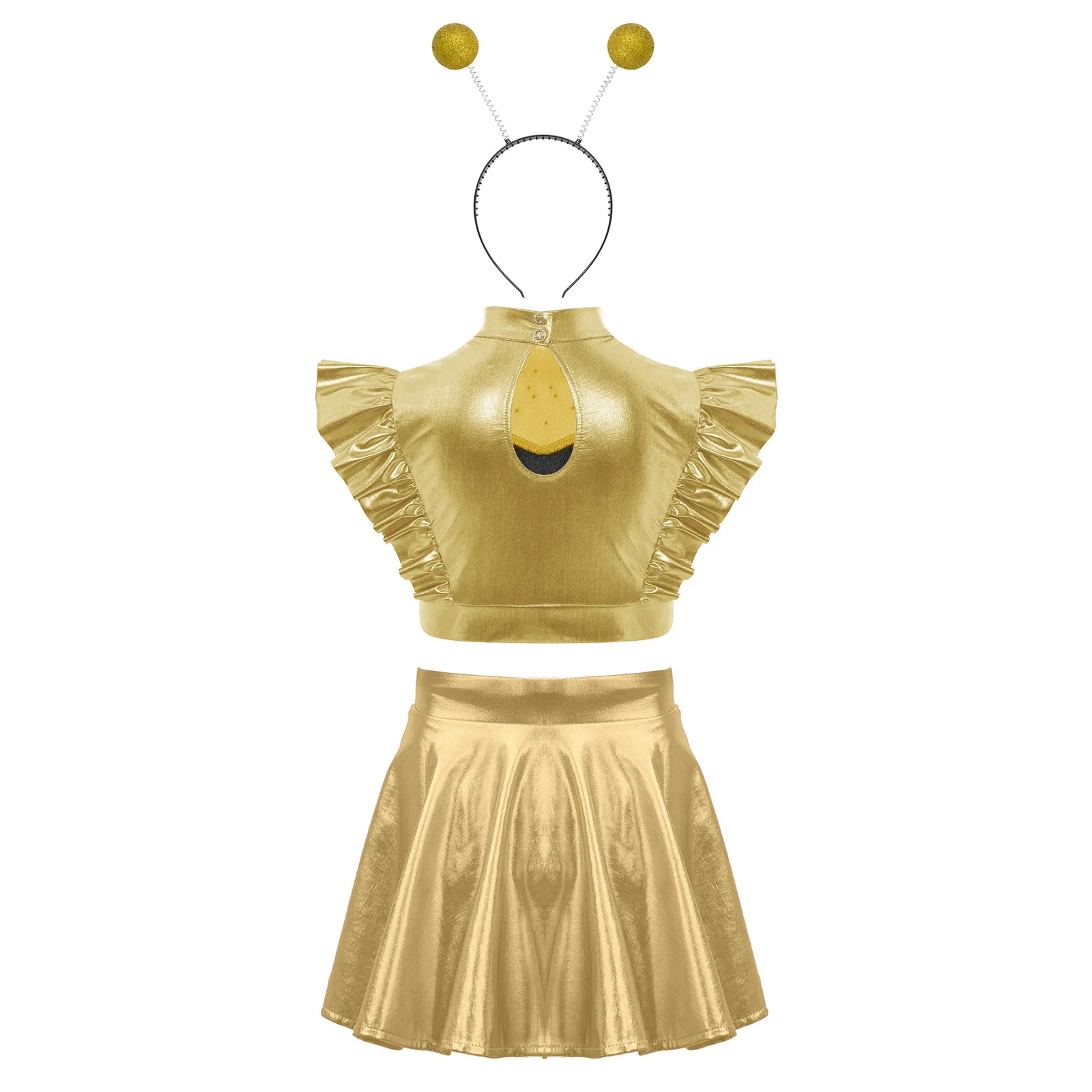 Girls Halloween Space Astronaut Cosplay Alien Robot Costume Rhinestones Ruffle Metallic Crop Tops And A-line Skirt Hair Hoop set