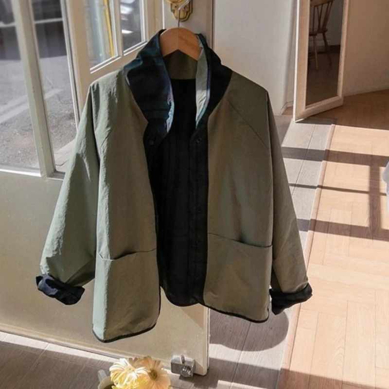 Women's Clothes Reversible Wear Versatile Plaid Short Jacket Spring Autumn Coats New Korean Loose Petite Short Trench Coat Tops