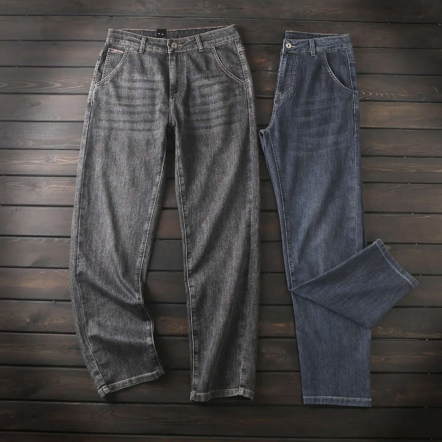 

Classic versatile black and gray, comfortable micro-elastic, men's four-season casual small straight-leg jeans and trousers