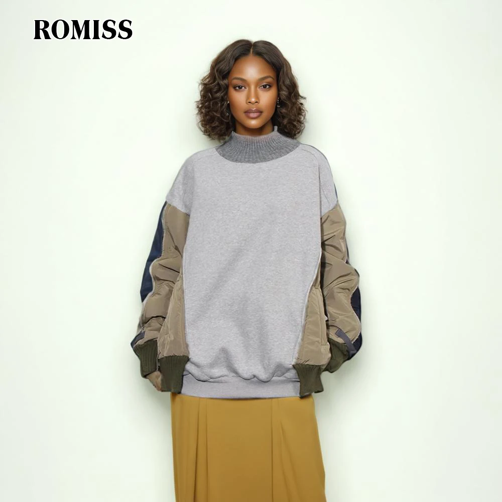 ROMISS Colorblock Casual Pullover Sweatshirt For Women Turtleneck Long Sleeve Patchwork Drawstring Chic Sweatshirts Female