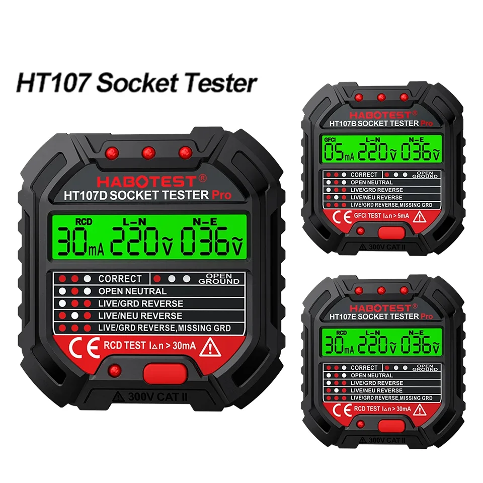 HT106/HT107 Digital Outlet Socket Detector Voltage Test Socket Testers US/UK/EU Plug Ground Zero Line Phase Check RCD NCV Tester