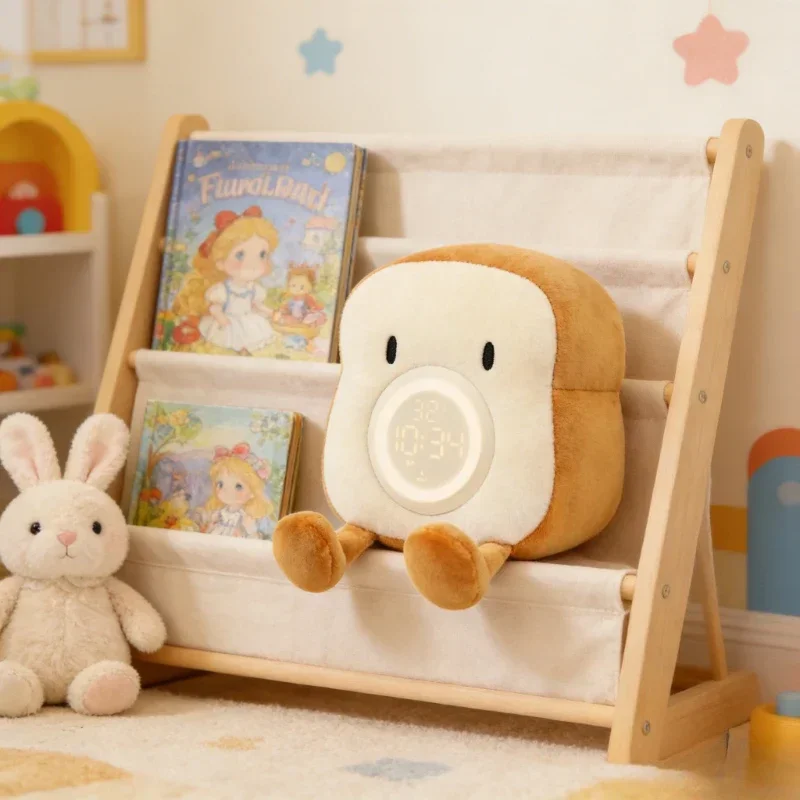Cartoon Plush Toast Alarm Clock USB Charging Vibration Wake Digital Electronic Clocks Ornament for Kids Desktop Home Decor