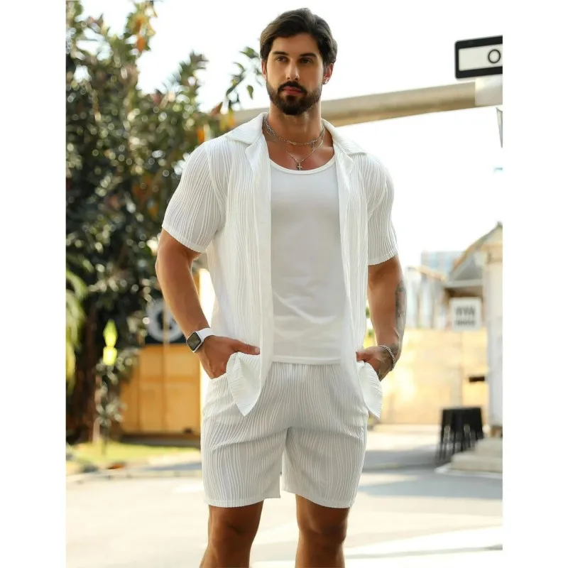 Hawaii Beach Suit Men's casual daily outdoor travel solid color jacquard lapel short-sleeved Shirt drawstring Shorts 2-pice Set