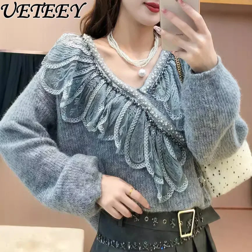 French Style Heavy Industry Splicing Lace Beads Knitted Pullover Autumn Winter New Korean Version Loose Temperament Sweater