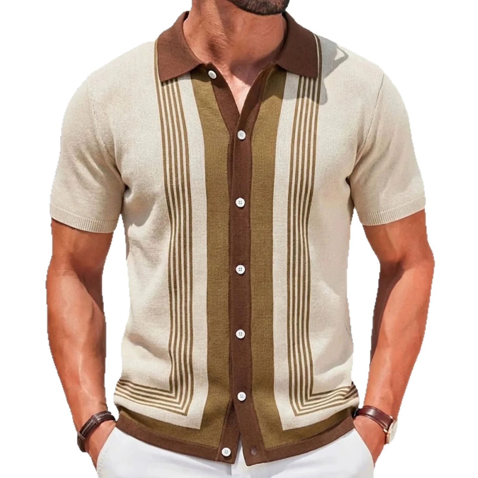Men's Summer New Elegant Luxury Fashion Versatile Striped Collar Knitted Short Sleeve Business Polo Shirt for Men