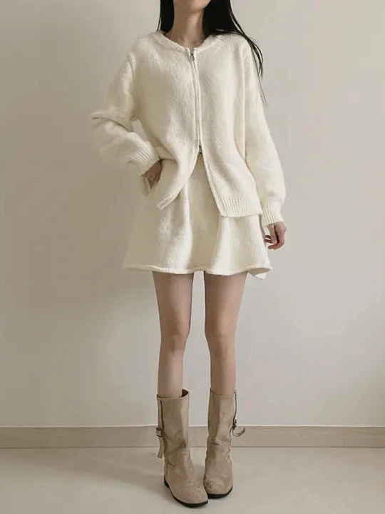 Setelan Dua Potong Wanita Musim Gugur Musim Dingin: Sweater Cardigan Korea Sle Long Sve dengan Ritsleting Ganda dan Rok A-Line Berpinggang Tinggi.