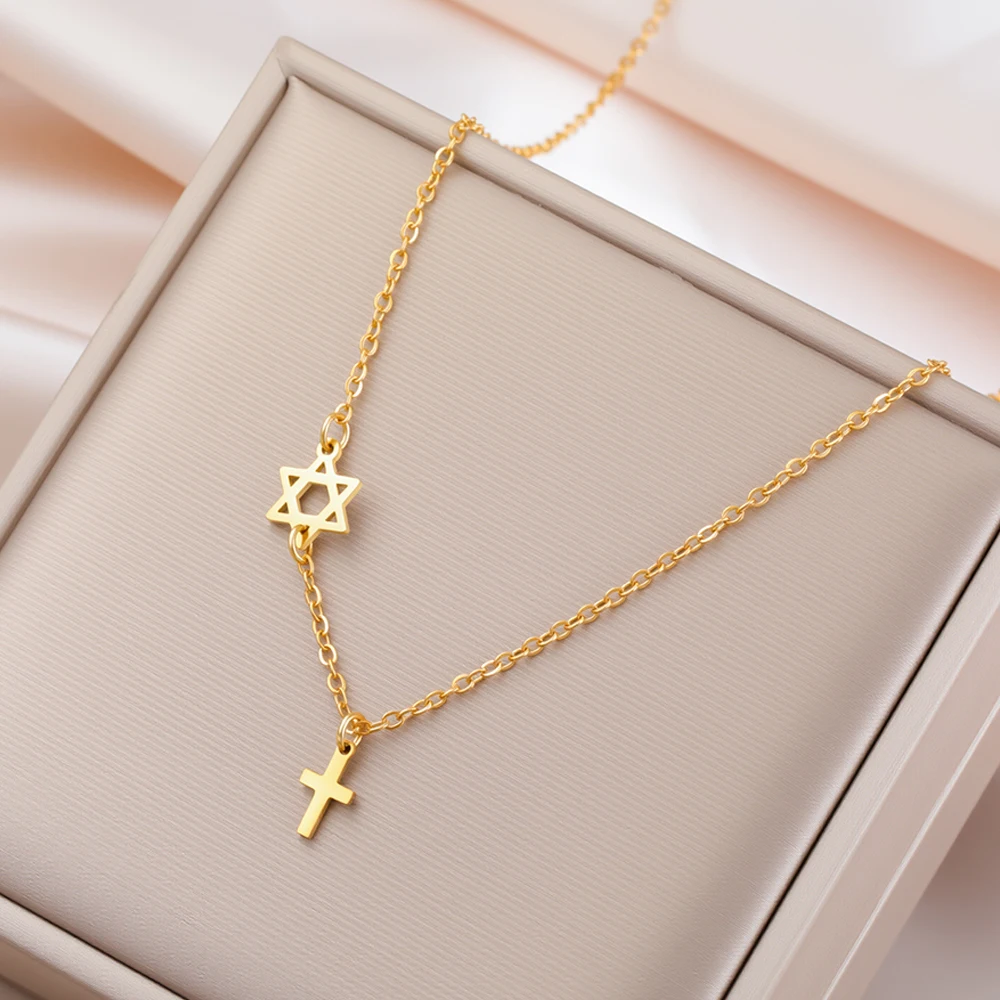 Dawapara Star of David and Cross Necklace Jewish Faith Stainless Steel Minimalist Christian Religious Jewelry
