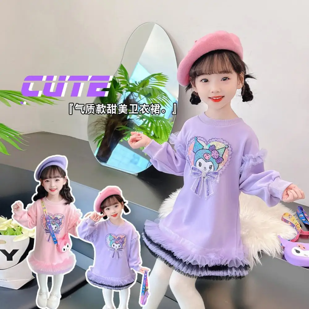 Sanrioed Kids Anime Hoodie Kuromi Sweatshirt Girls Spring Fashion Kawaii Casual Cute Fleece Tops Cartoon Child Clothes with Bag