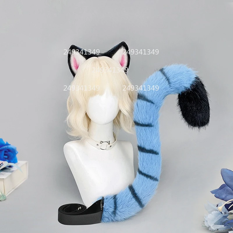 

Tiger Ears Anime Movie Cosplay Headwear Woman Plush Animal Blue Tail Comic-con Stage Performance Props Party Costume Accessories