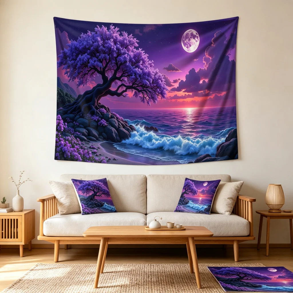1PC Purple Sakura Beach Art Print Backdrop Banner, Bedroom Living Room Photo Background, Polyester, Home Decor, Wall Art