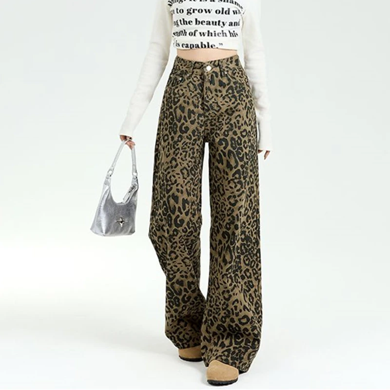 جينز نسائي عالي الخصر بطبعة الفهد من FINEWORDS جينز واسع الساق بطول كامل جينز كوري فضفاض عتيق