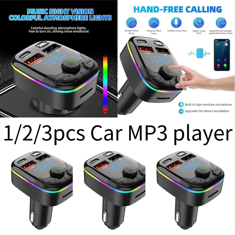 

1/2pcs Car Charger Bluetooth 5.0 FM Transmitter Handsfree PD Type-C Dual USB Ambient Player MP3 Charger Type-C Wireless Light