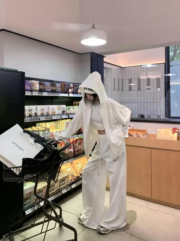 

Корейский модный новый однотонный повседневный комплект из двух предметов, Женский Топ с длинным рукавом на молнии с капюшоном и брюки на шнуровке с высокой талией