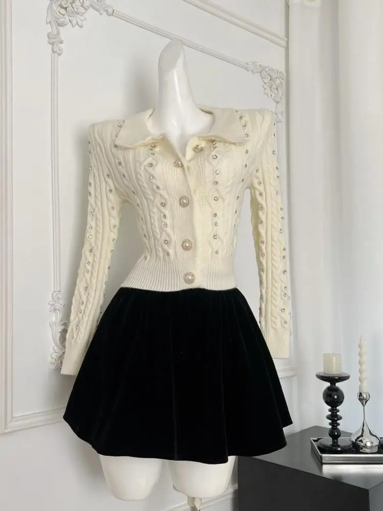 

Autumn Winter Women Beige Diamonds Elegant Single Breasted Long Sleeved Knit Tops And Black High Waist Short Skirt Two-piece Set