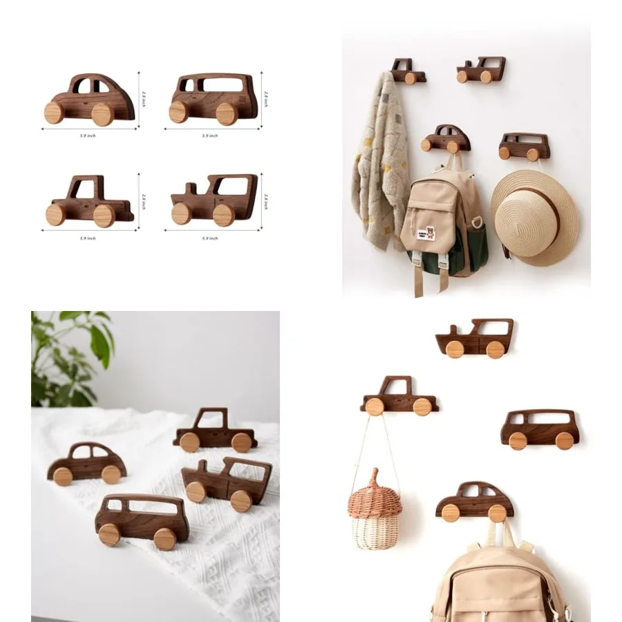 

Сверхмощные настенные крючки в форме автомобиля из орехового дерева для комнаты, ванной комнаты, детской прихожей, двери, 4 шт., деревянные крючки, идеально подходят для подвешивания