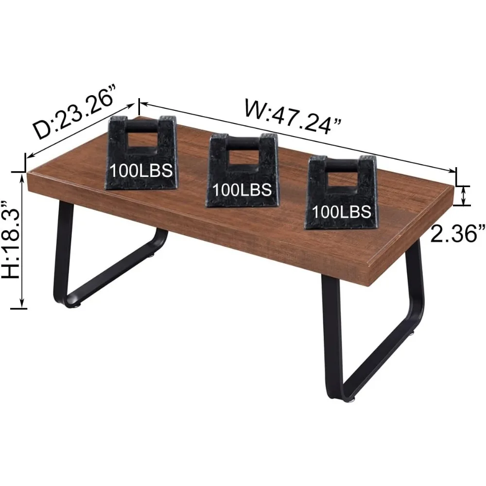 Natural Wood Center Table for Living Room,Solid Real Wooden Tea Table,Minimalist Vintage Metal Rectangle Cocktail Table 47 In