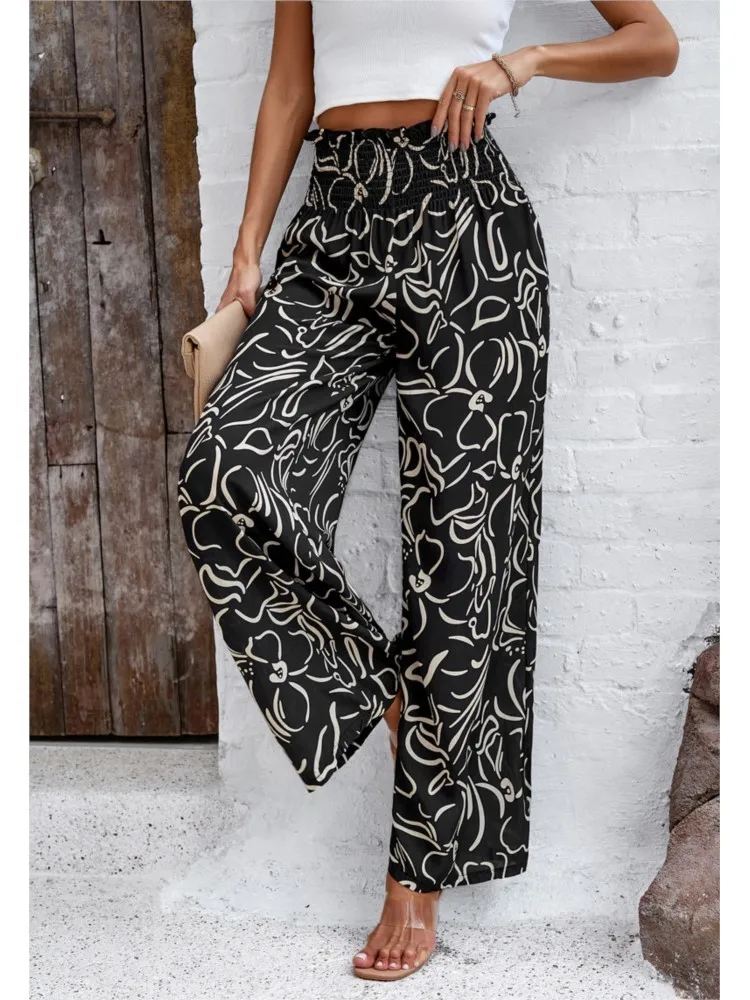 2024 Summer Print Floral Casual Pants Fashion Women Office Sweet High Waist Wide Leg Long Pants New 2024 Holiday Loose Trousers