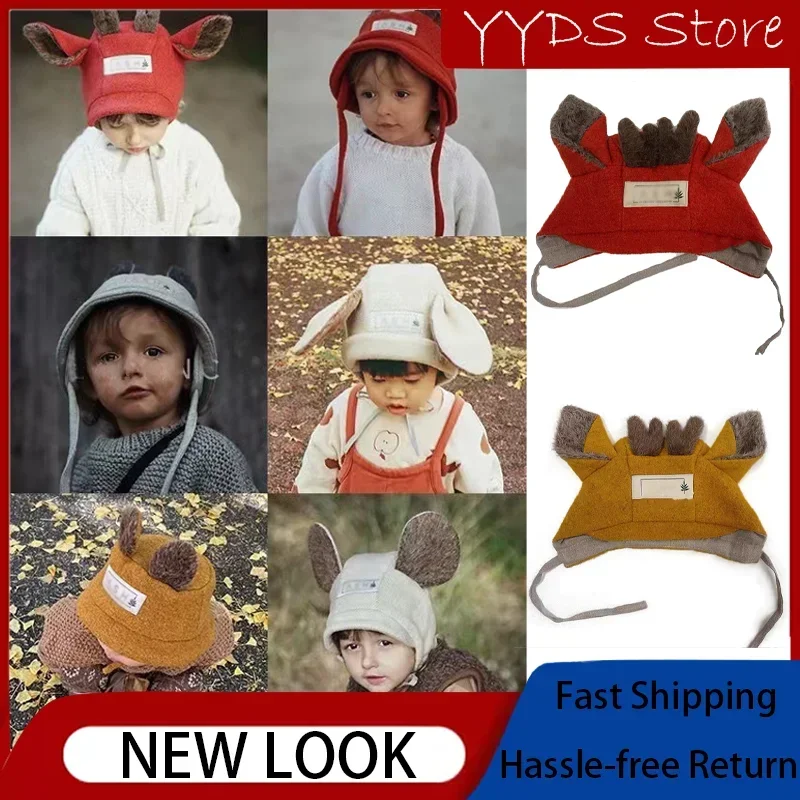 Winter Boy Girl Baby Lovely Warm Full Wool Cap  Fawn Bear\'s Ears Cartoon Animal Hooded Caps Child Lovely Frenulum Basin Caps