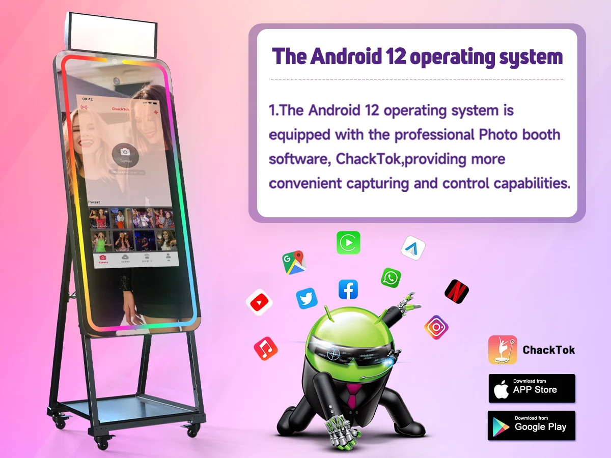 Cabine fotográfica espelhada de 65 polegadas com tela sensível ao toque de 32 polegadas Magic Selfie Mirror Photo Booth Lcd Digital Signage Máquina de casamento