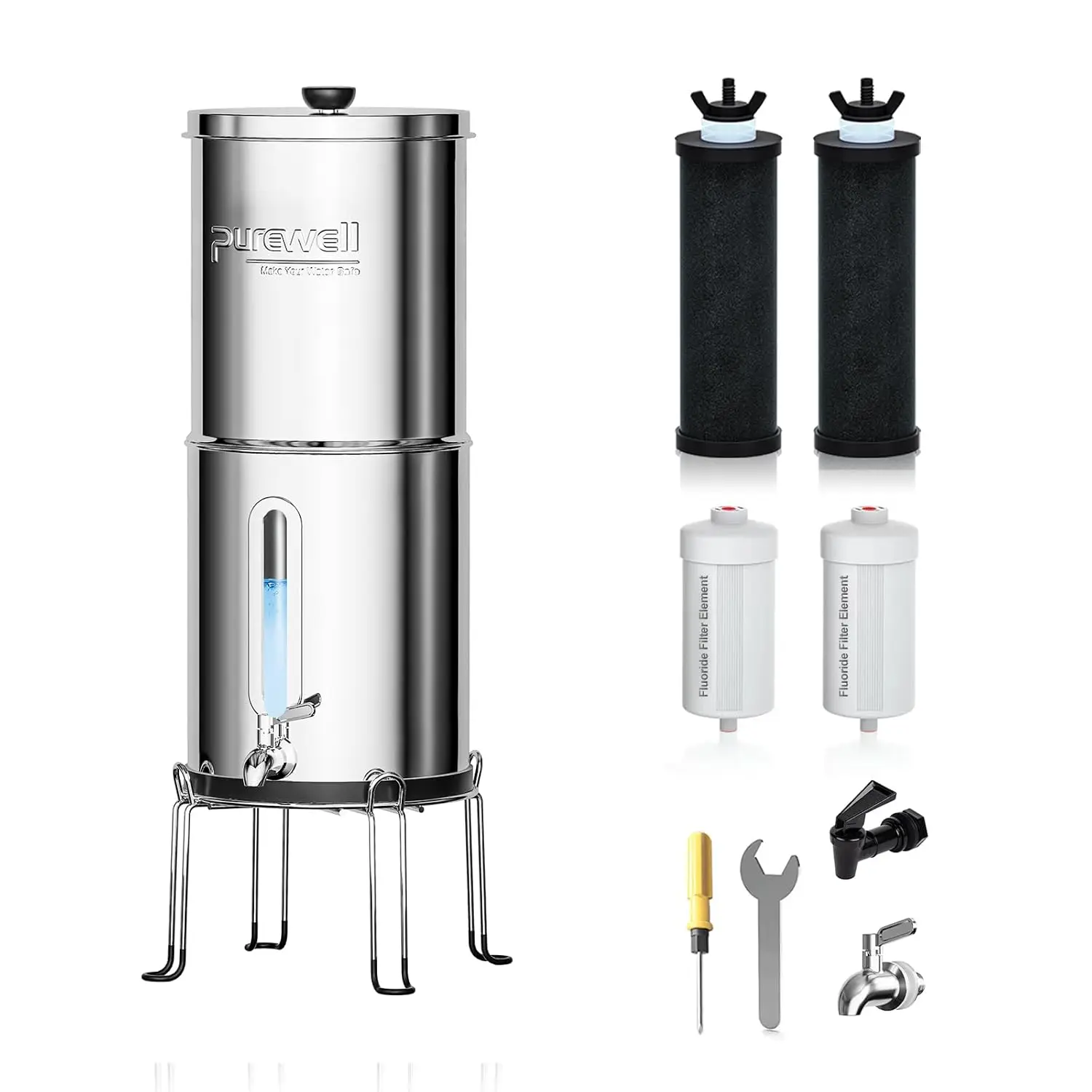 Water Filter System with Water Level Window, 8-Stage 0.01μm Ultra-Filtration Stainless Steel