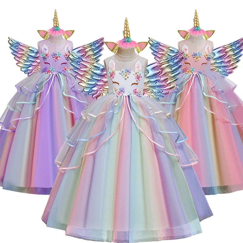 Girl's Long Unicorn Rainbow Wedding Party Dress Girl's Birthday Party Unicorn Character Dance Performance Dress Three Piece Set