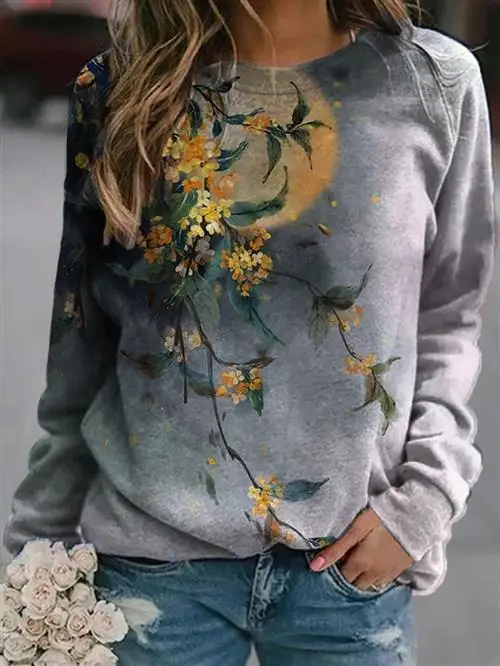 Retro Pattern Floral 3D Print Sweatshirts Women Casual Long Sleeve Hoodies Raglan Sleeves Pullovers Harajuku Top Female Clothing