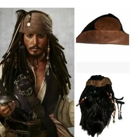 Cosplay Captain Jack Costume Props for Men Adult Unisex Pirate Sparrow Wigs Hat of The Caribbean Halloween Accessories Dress Up