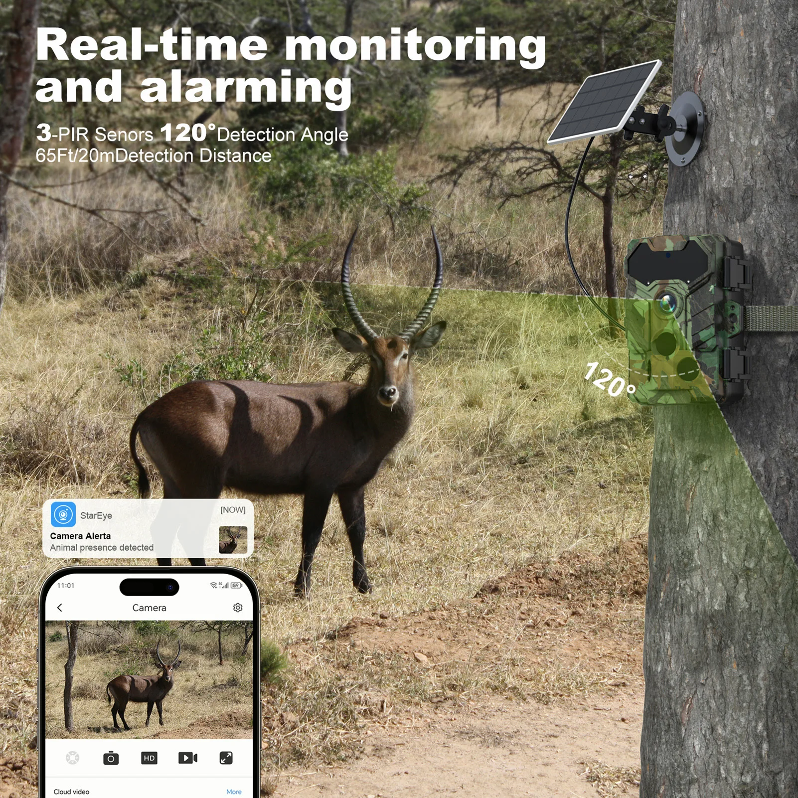 كاميرا درب لاسلكية خارجية ، كاميرا صيد للحياة البرية ، رؤية ليلية بالأشعة تحت الحمراء ، تمكين واي فاي ، IP66 مقاوم للماء ، 32 ميجابكسل