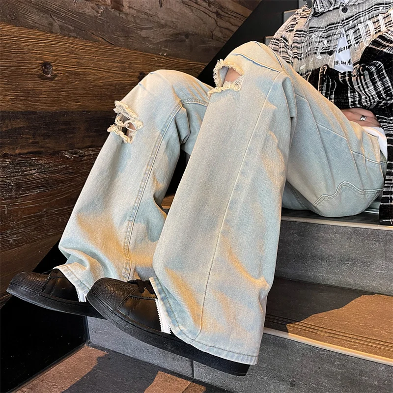 Europe and the United States wash to do old hole broken jeans male design sense niche high street wide leg casual denim pants