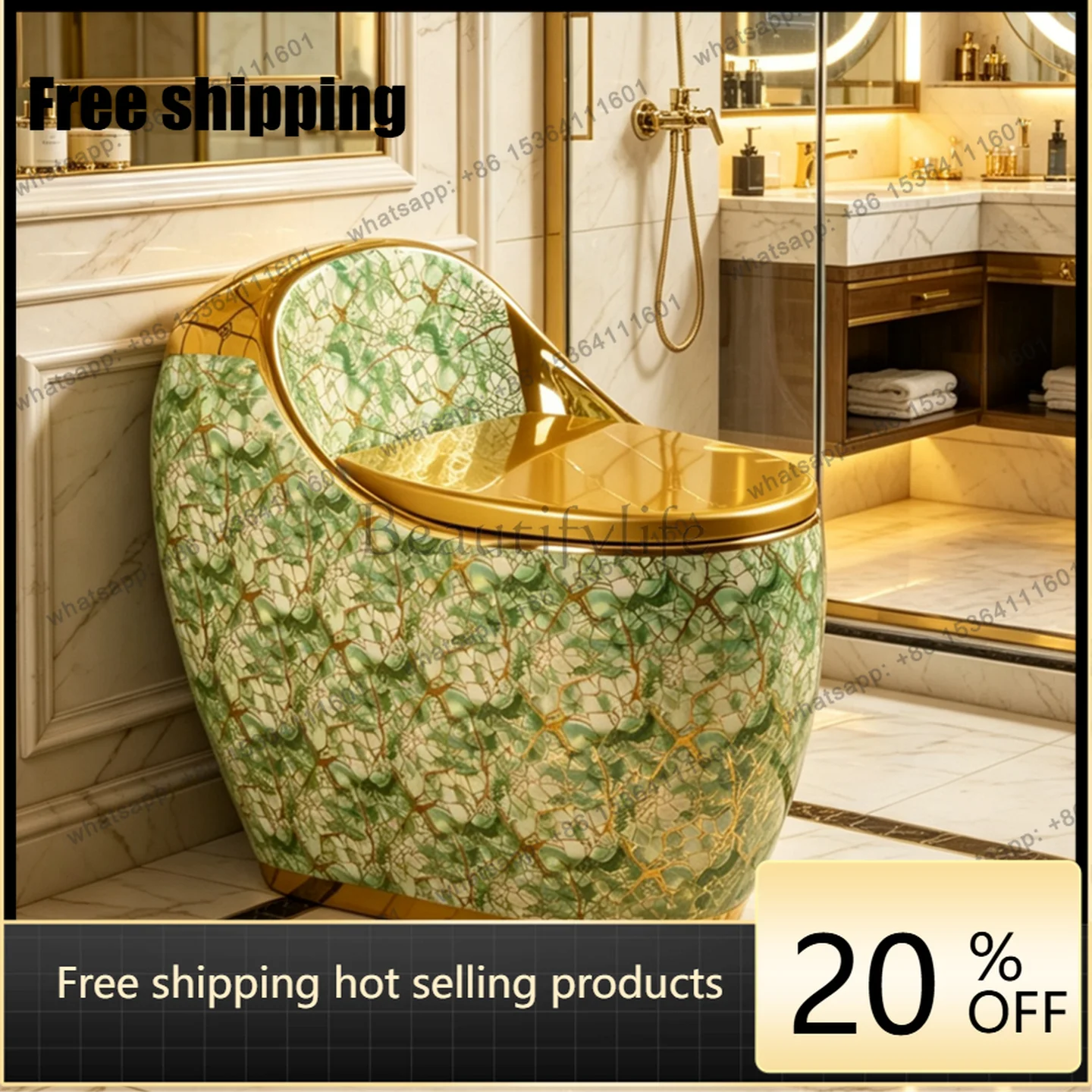 Hot Exquisite golden moist round egg-shaped toilet rainbow strong impulse large diameter water-saving color toilet