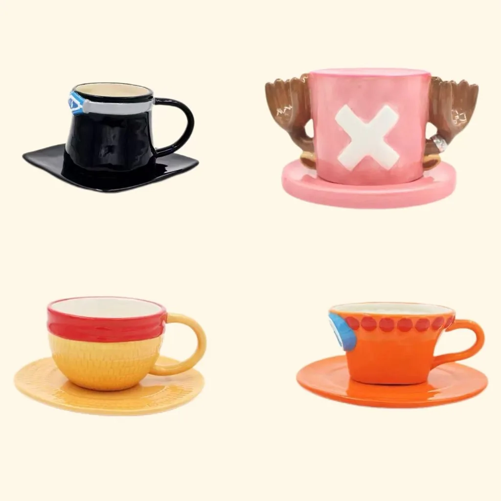 One Piece Character Ceramic Cup Saucer Set 4pcs Anime Cartoon Cute Hat Horn Pattern Coffee Tea Mug Gift Box   Decor Collection