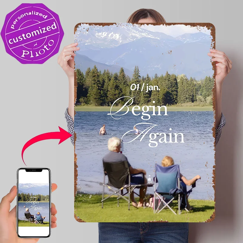Begin Again Lakeside Personalized 3D Textured Metal Poster Wall Art Tinplate Sign for Vintage Home Decor Living Room Decoration
