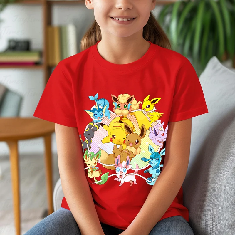 Pokemon print kids T-shirt pure cotton short-sleeved red top personalized clothing girls gift